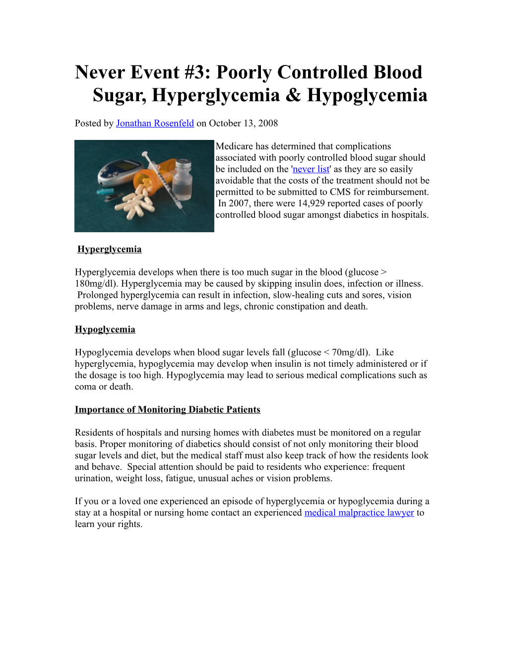 Never Event #3: Poorly Controlled Blood Sugar, Hyperglycemia & Hypoglycemia