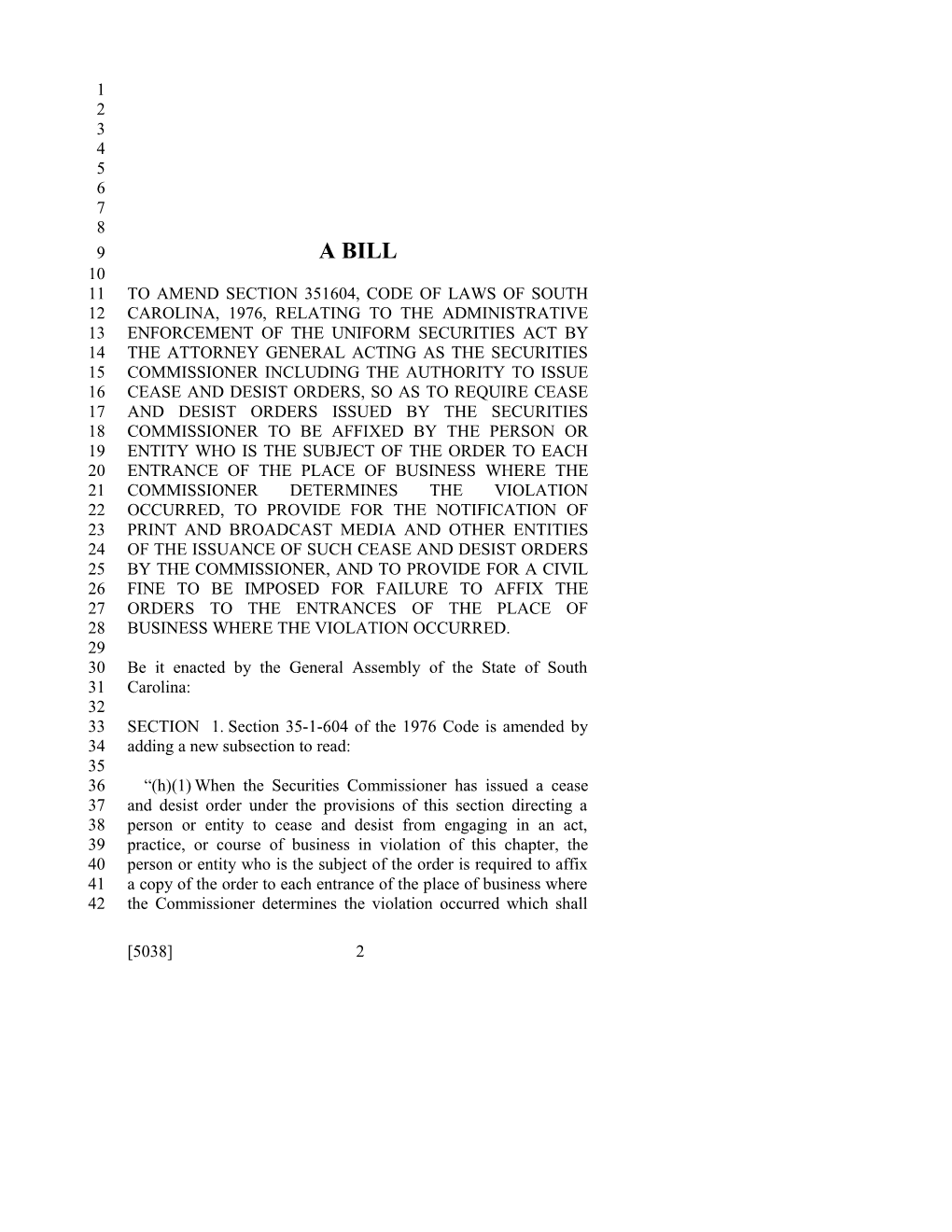 2011-2012 Bill 5038: Cease and Desist Orders Issued by Securities Commissioner - South