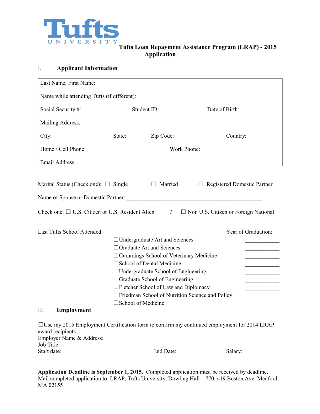 Tufts Loan Repayment Assistance Program (LRAP) - 2015 Application