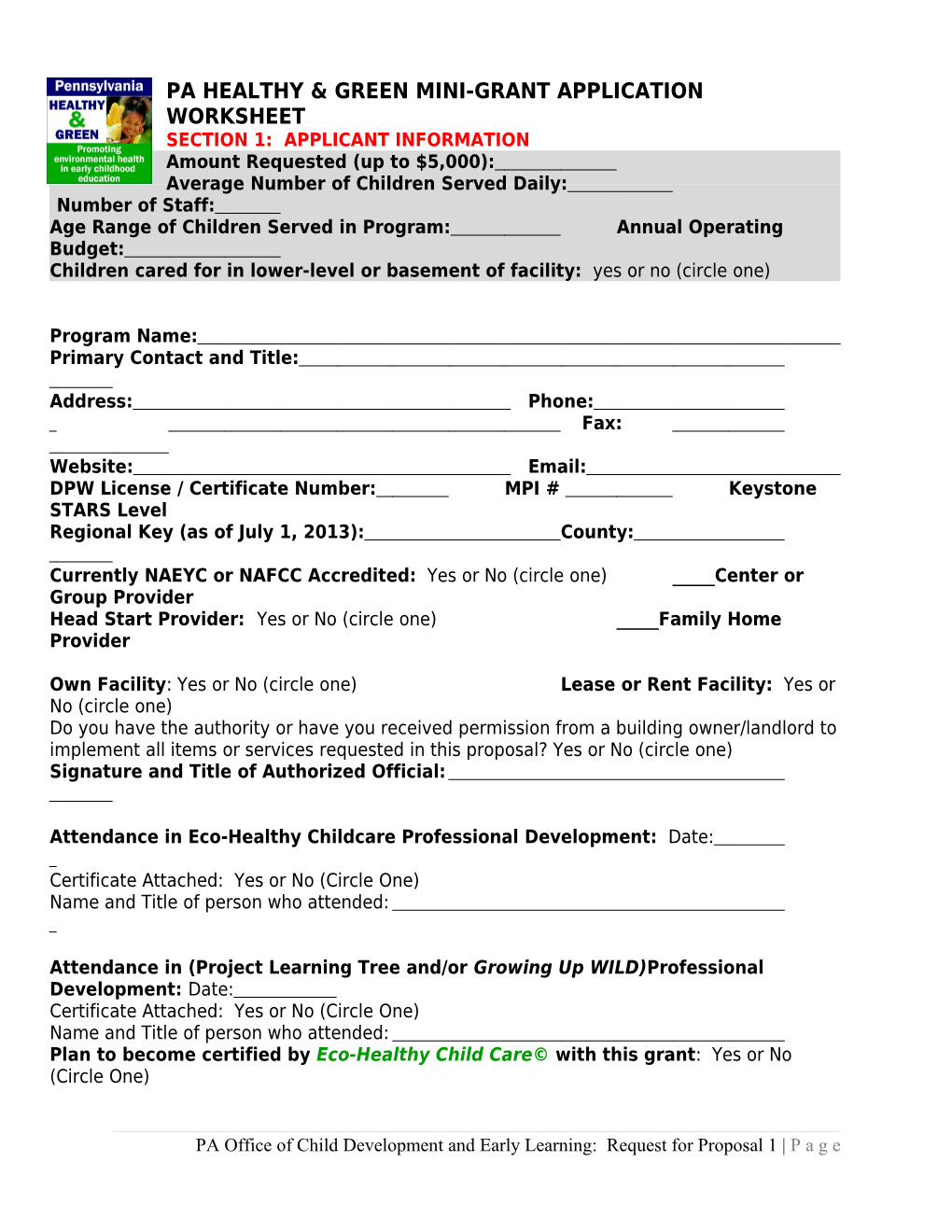 PA Healthy & Green Mini-Grant Application Worksheet Section 1: Applicant Information