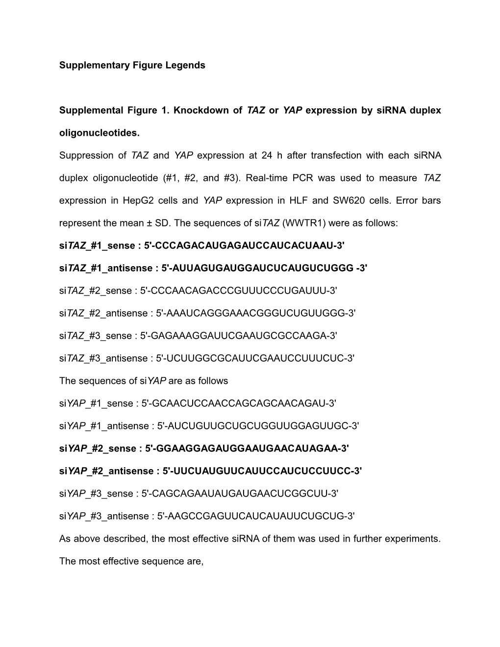 Supplemental Figure 1. Knockdown of TAZ Or YAP Expression by Sirna Duplex Oligonucleotides