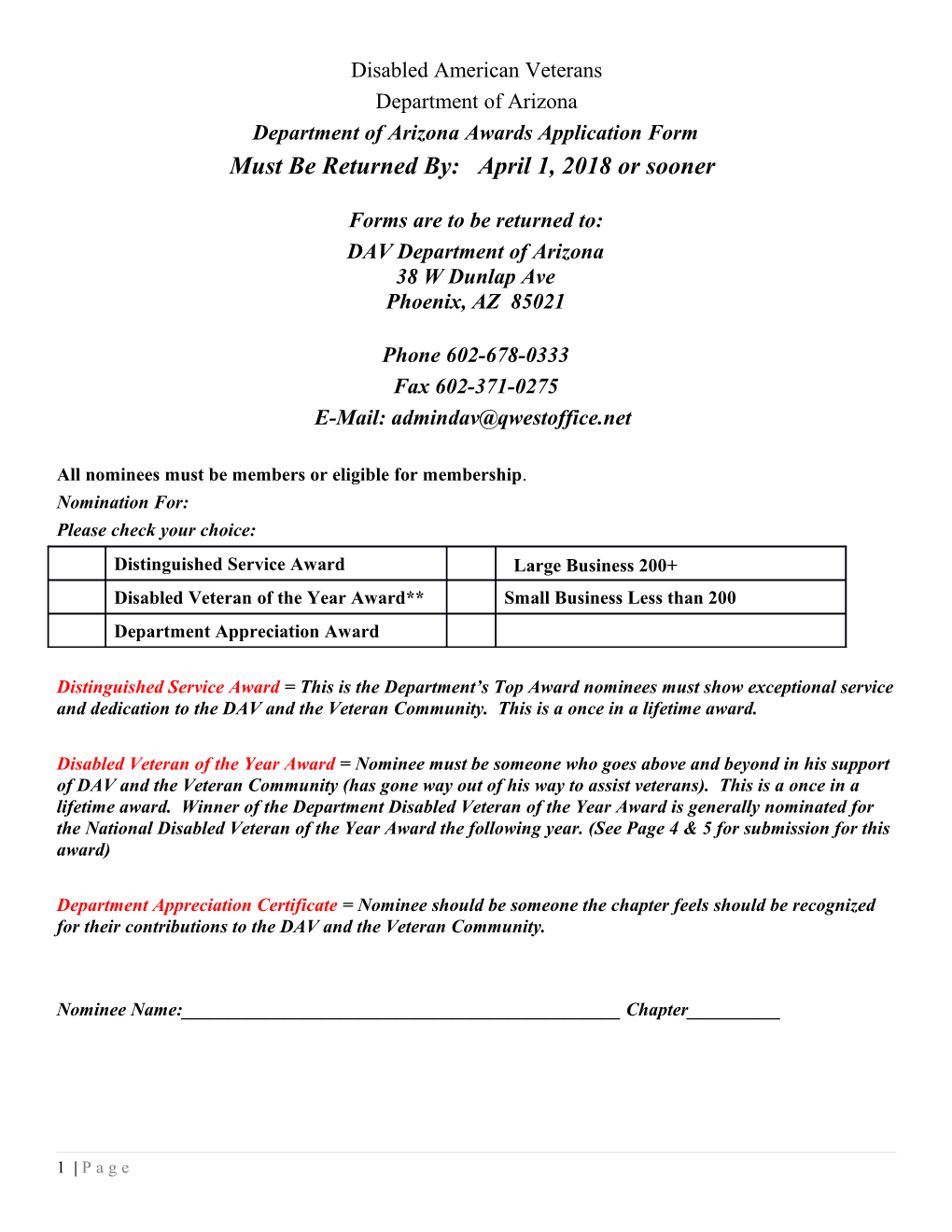 Department of Arizona Awards Application Form