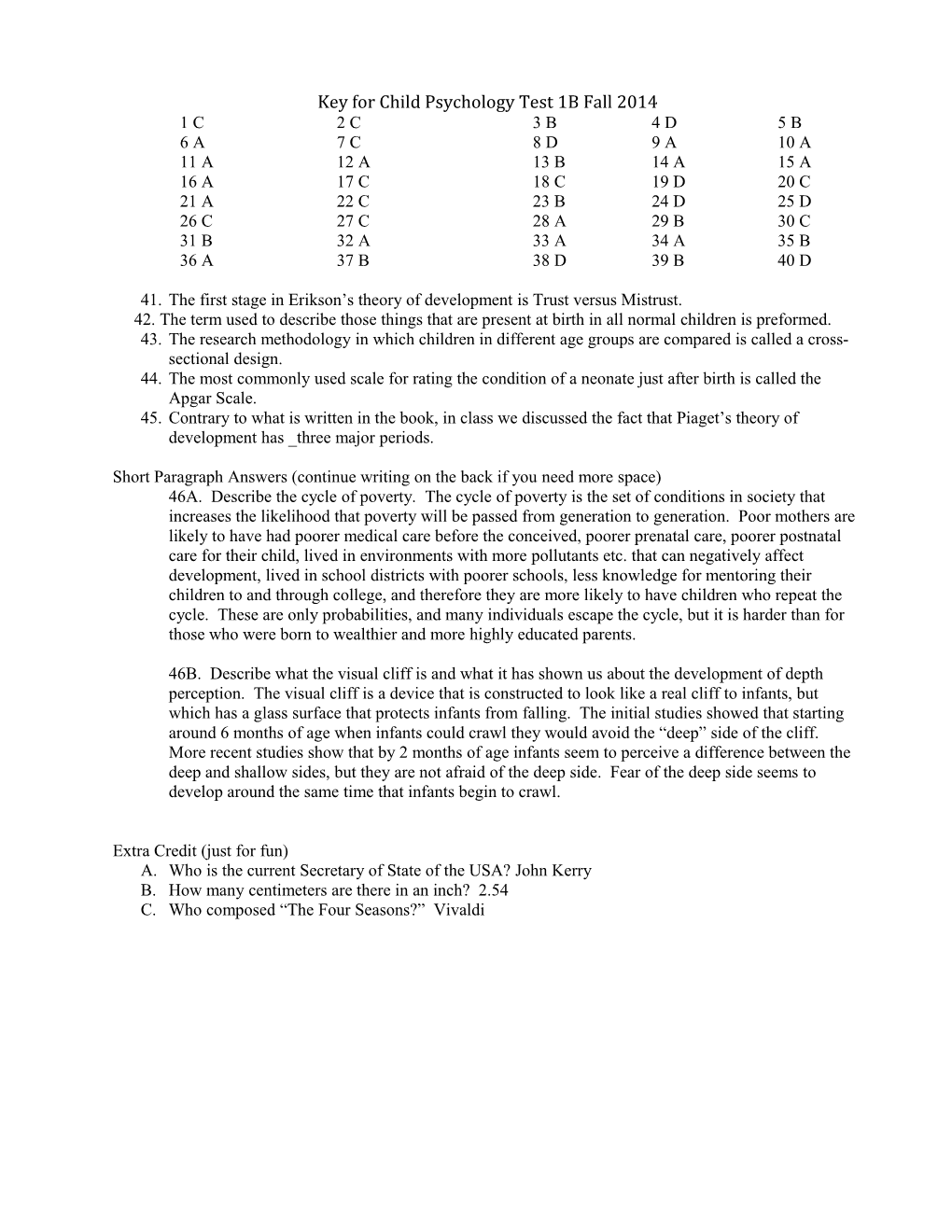 Key for Child Psychology Test 1B Fall 2014