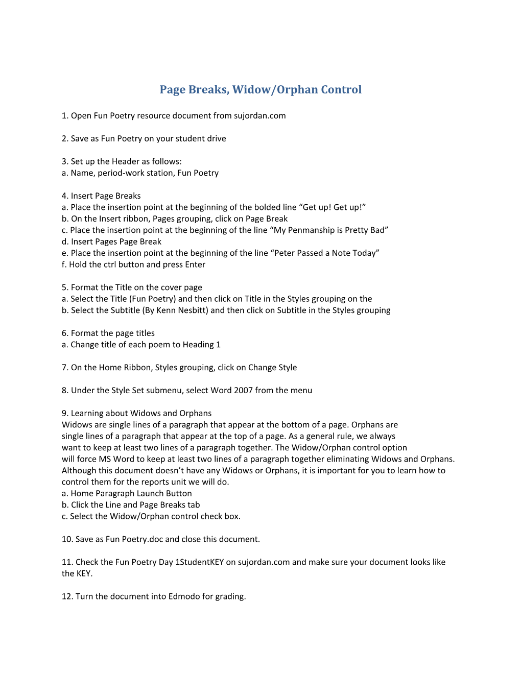 Page Breaks, Widow/Orphan Control s1