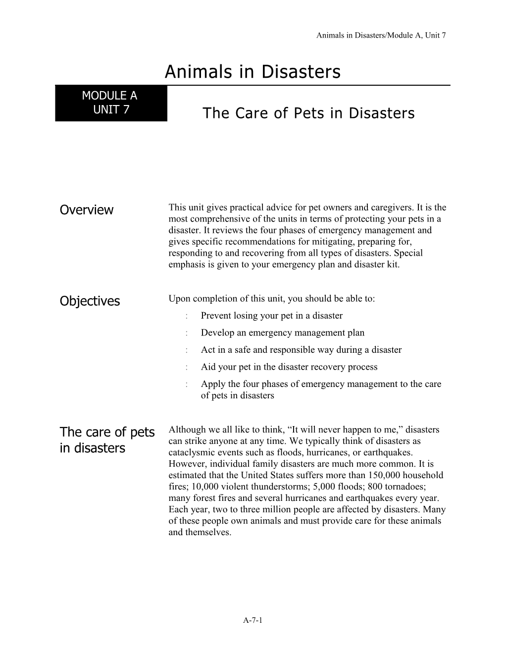 The Care of Pets in Disasters