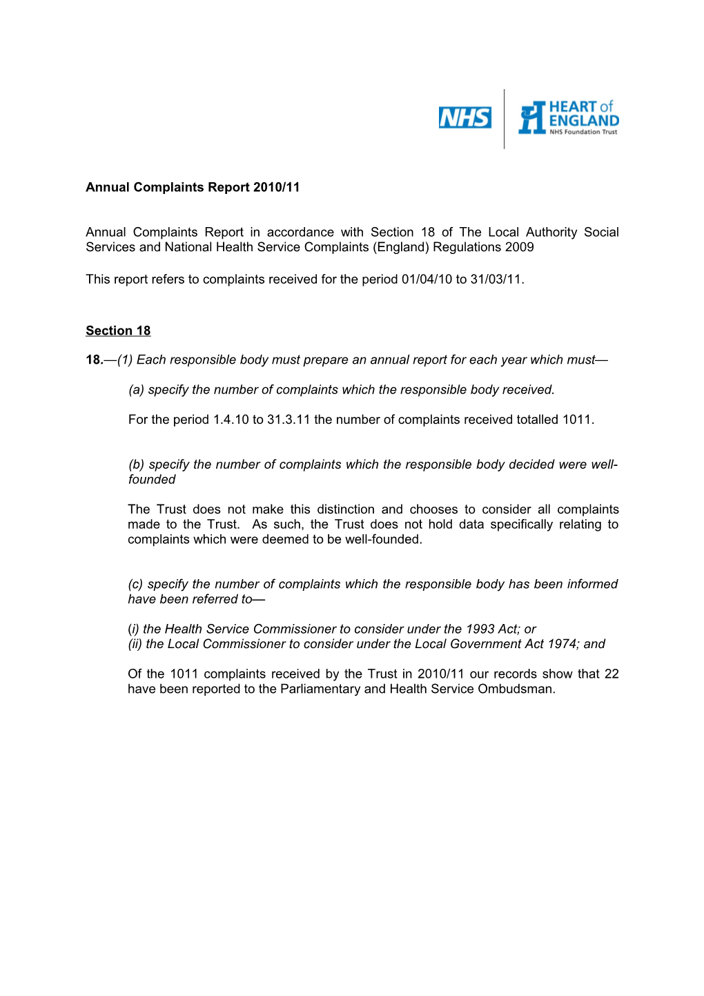 Annual Complaints Report 2010/11