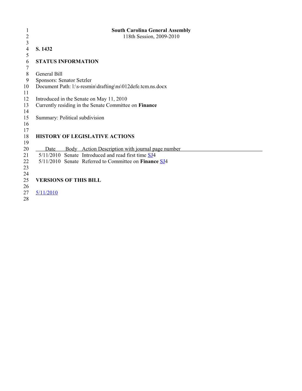 2009-2010 Bill 1432: Political Subdivision - South Carolina Legislature Online