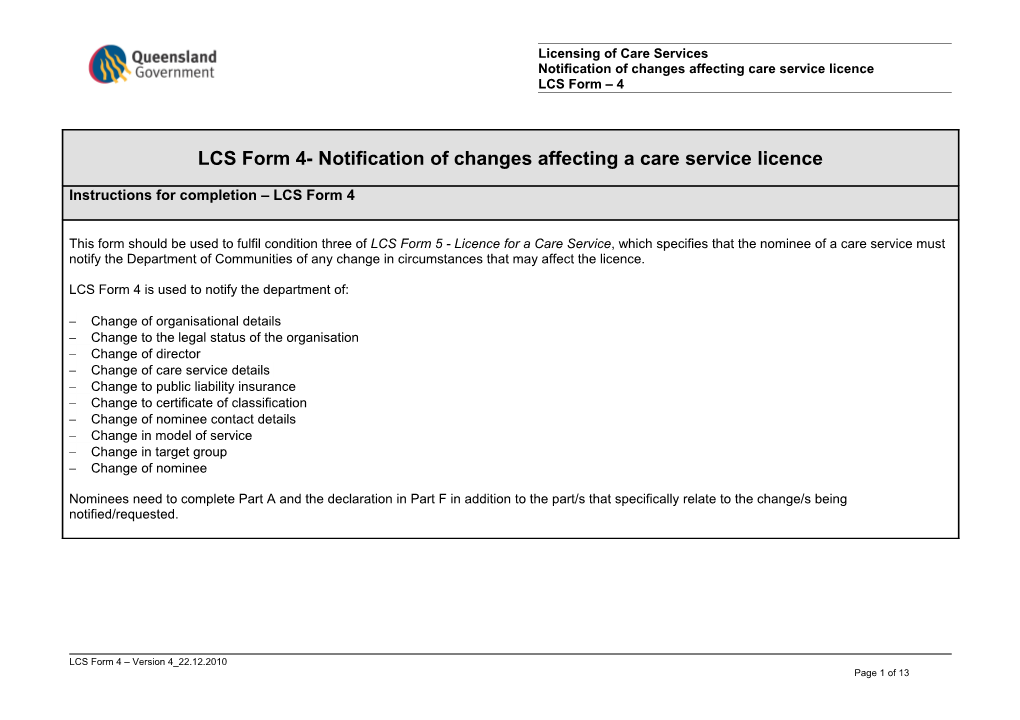 Notification of Changes Affecting a Care Service Licence