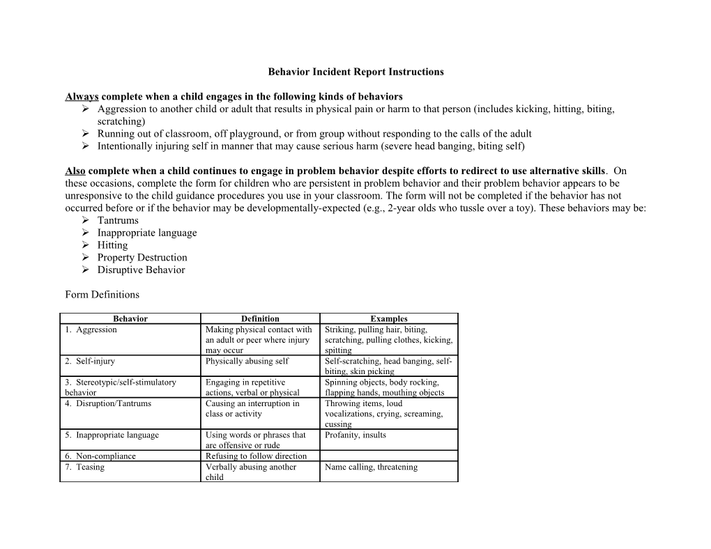 Behavior Incident Report Instructions