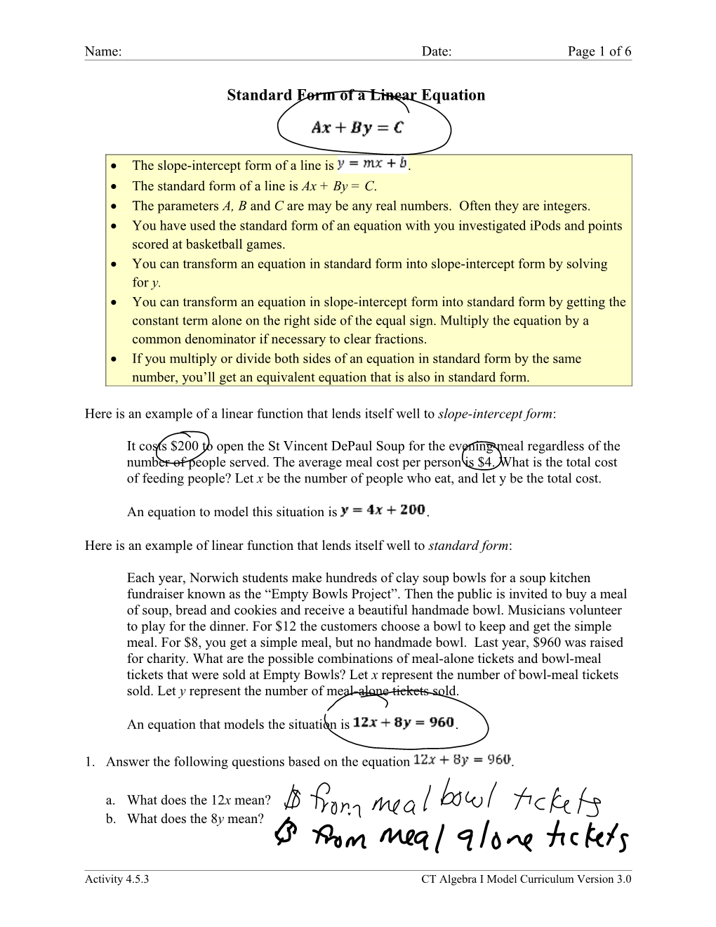 Standard Form of a Linear Equation