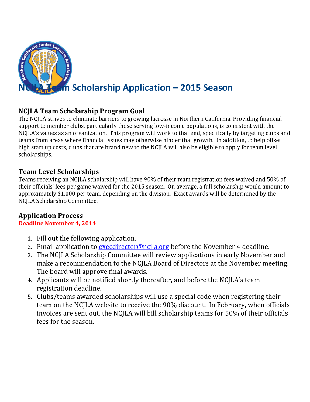 NCJLA Team Scholarship Application 2015Season