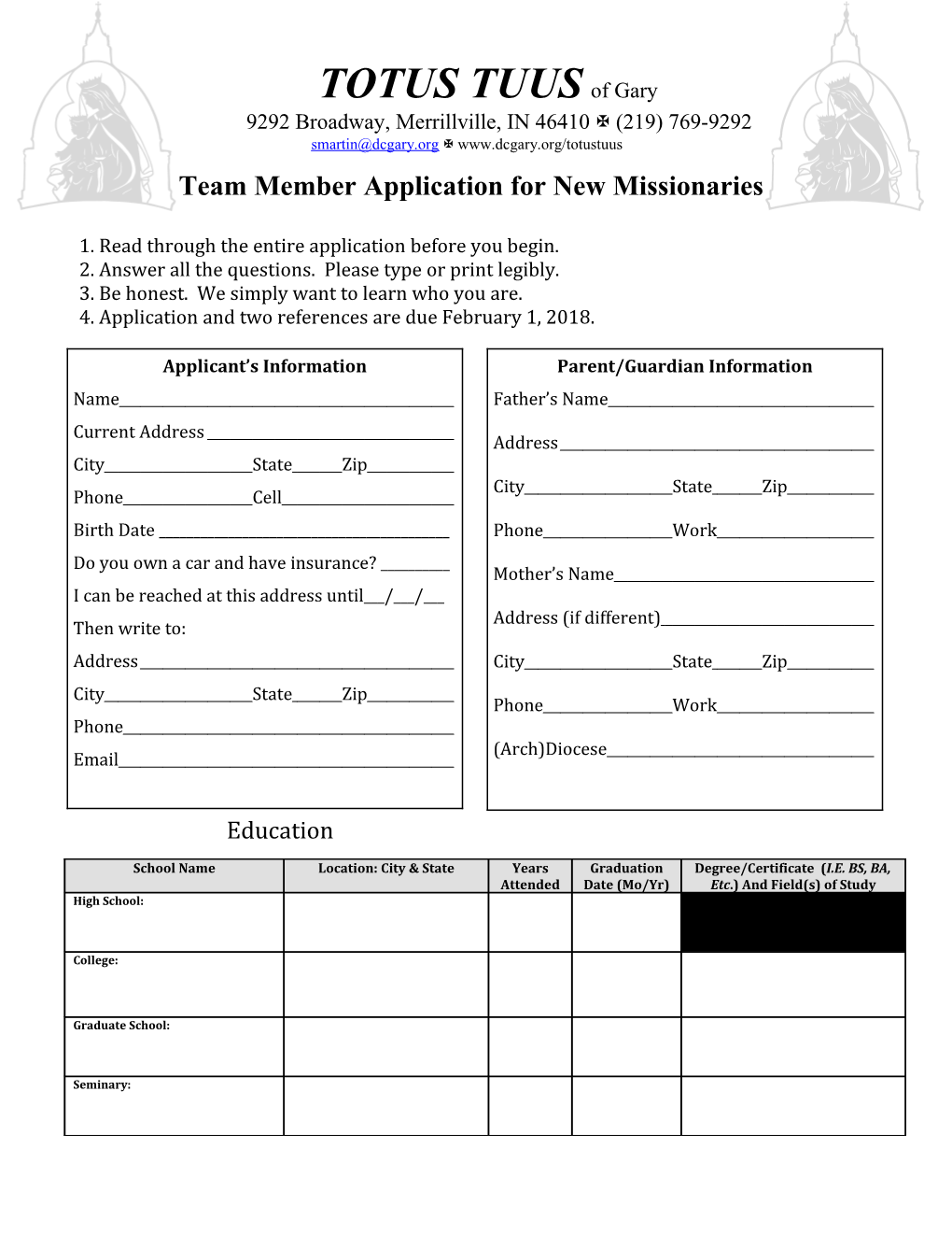 Team Member Application for New Missionaries