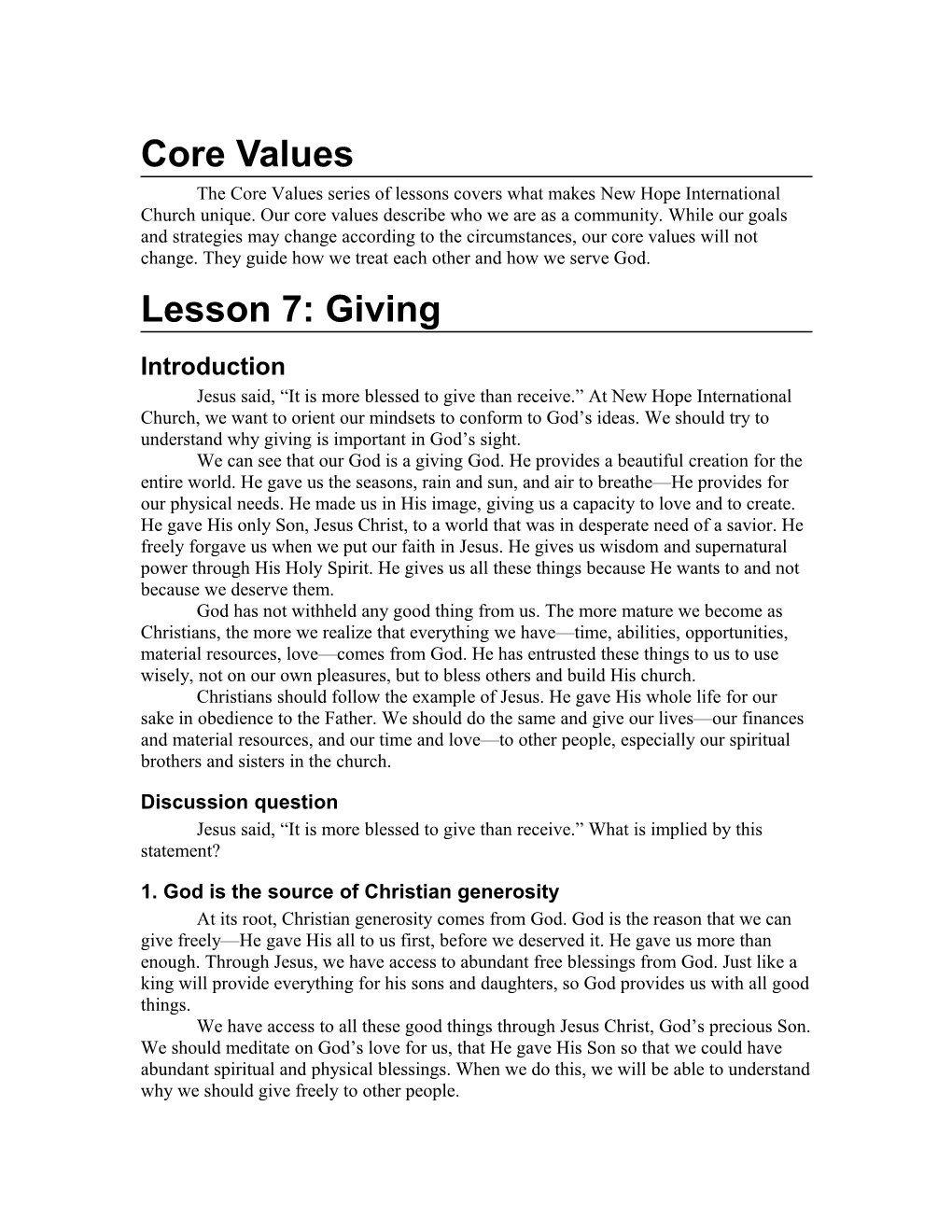 Core Values Lessons: the Word of God