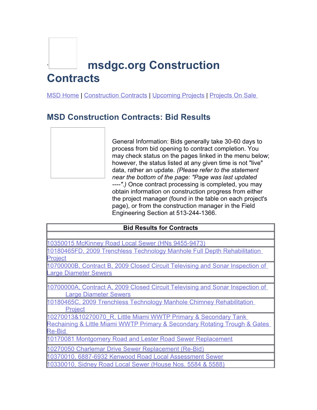 MSD Construction Project Bid Results