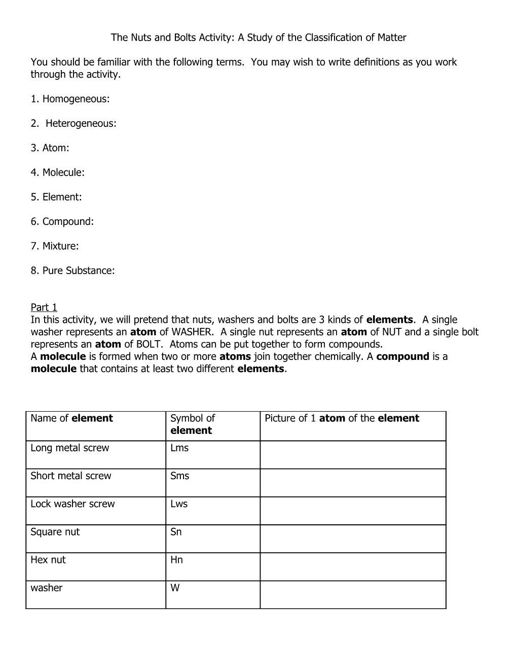 The Nuts and Bolts Lab: a Study of the Classification of Matter