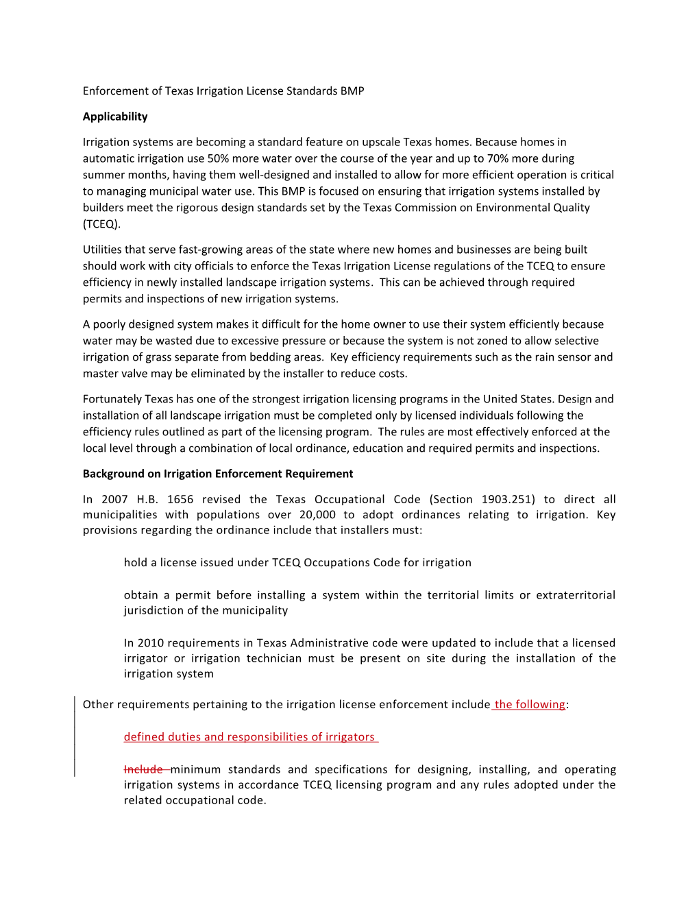 Enforcement of Texas Irrigation License Standards BMP