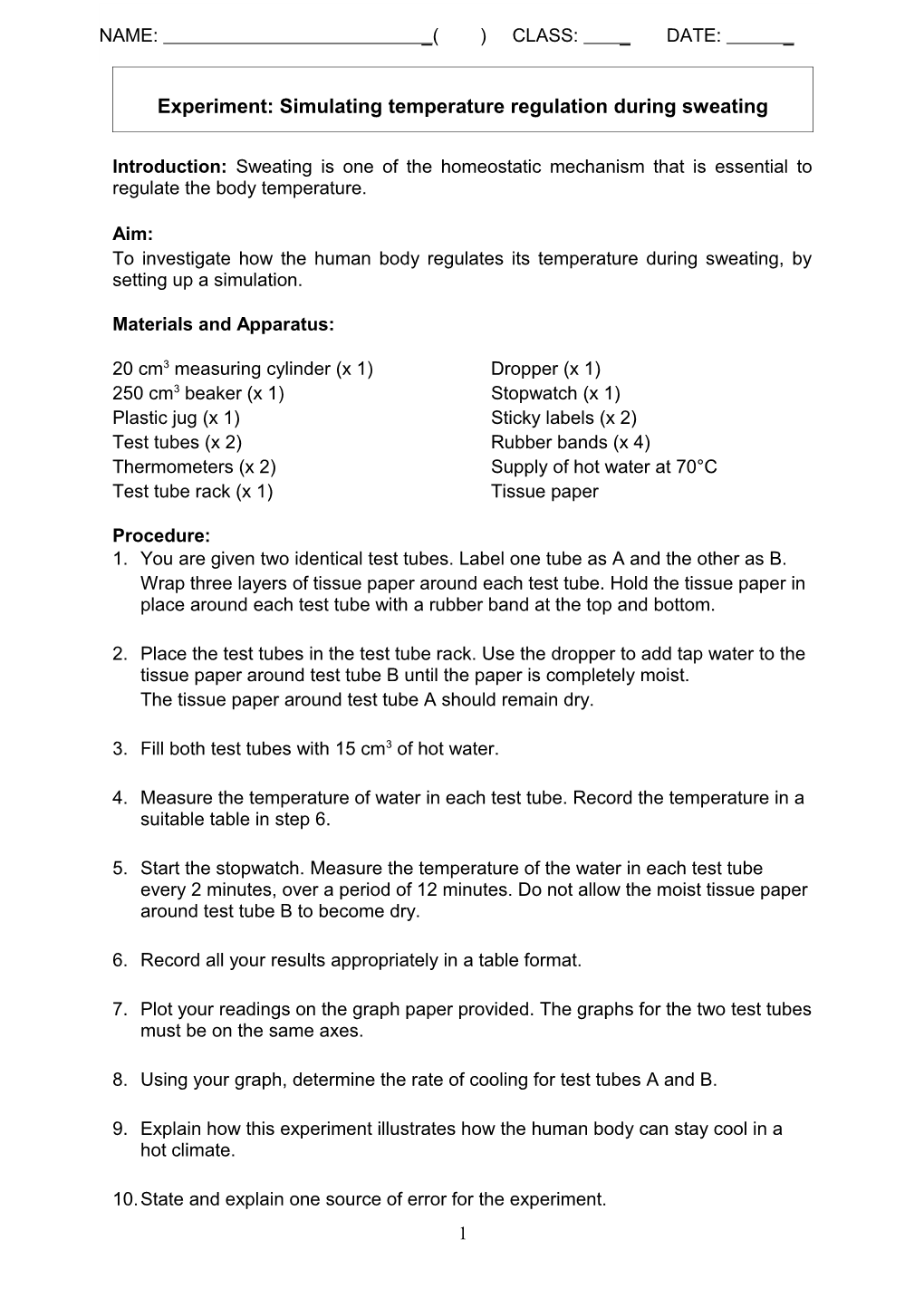 Experiment: Simulating Temperature Regulation During Sweating