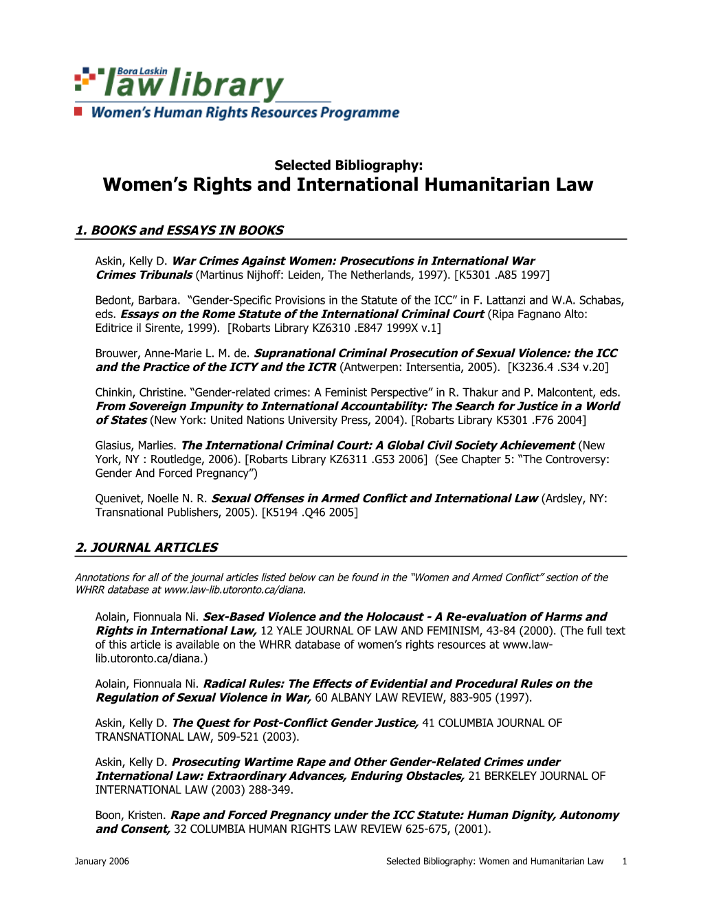 Bibliography Women and Humanitarian Law