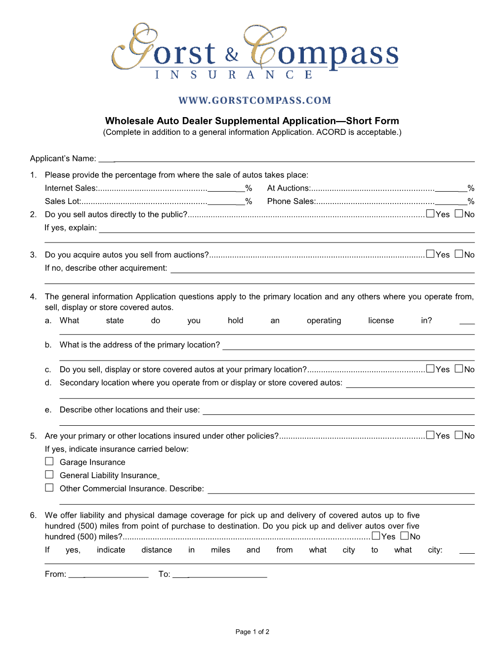 Wholesale Auto Dealer Supplemental Application Short Form