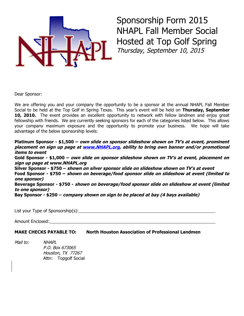 Sponsorship Form 2015 NHAPL Fall Member Social