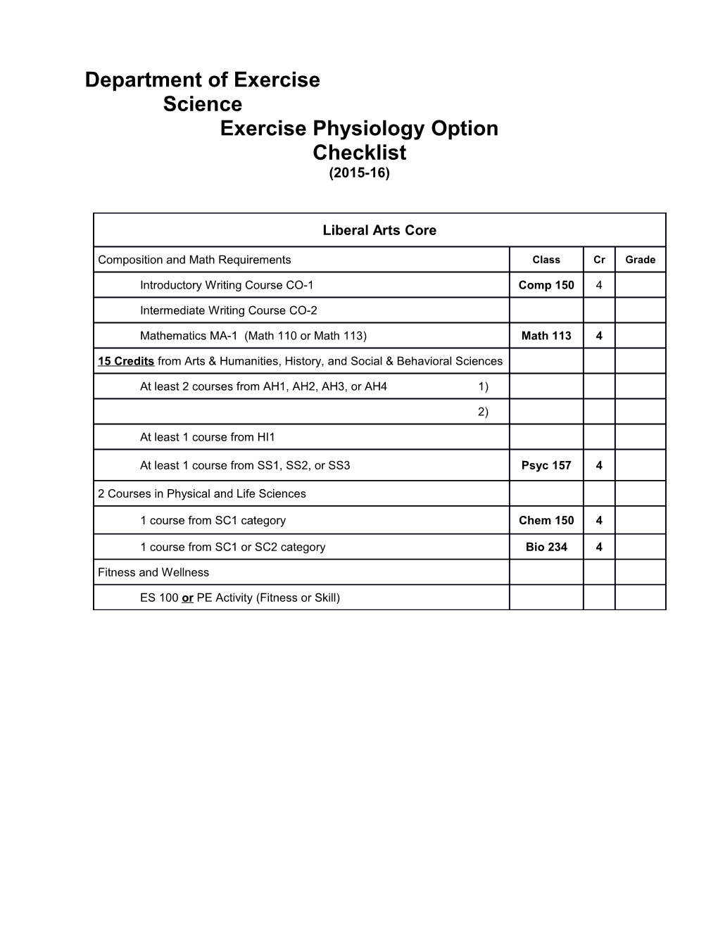 Exercise Science Option and General Studies Checklist