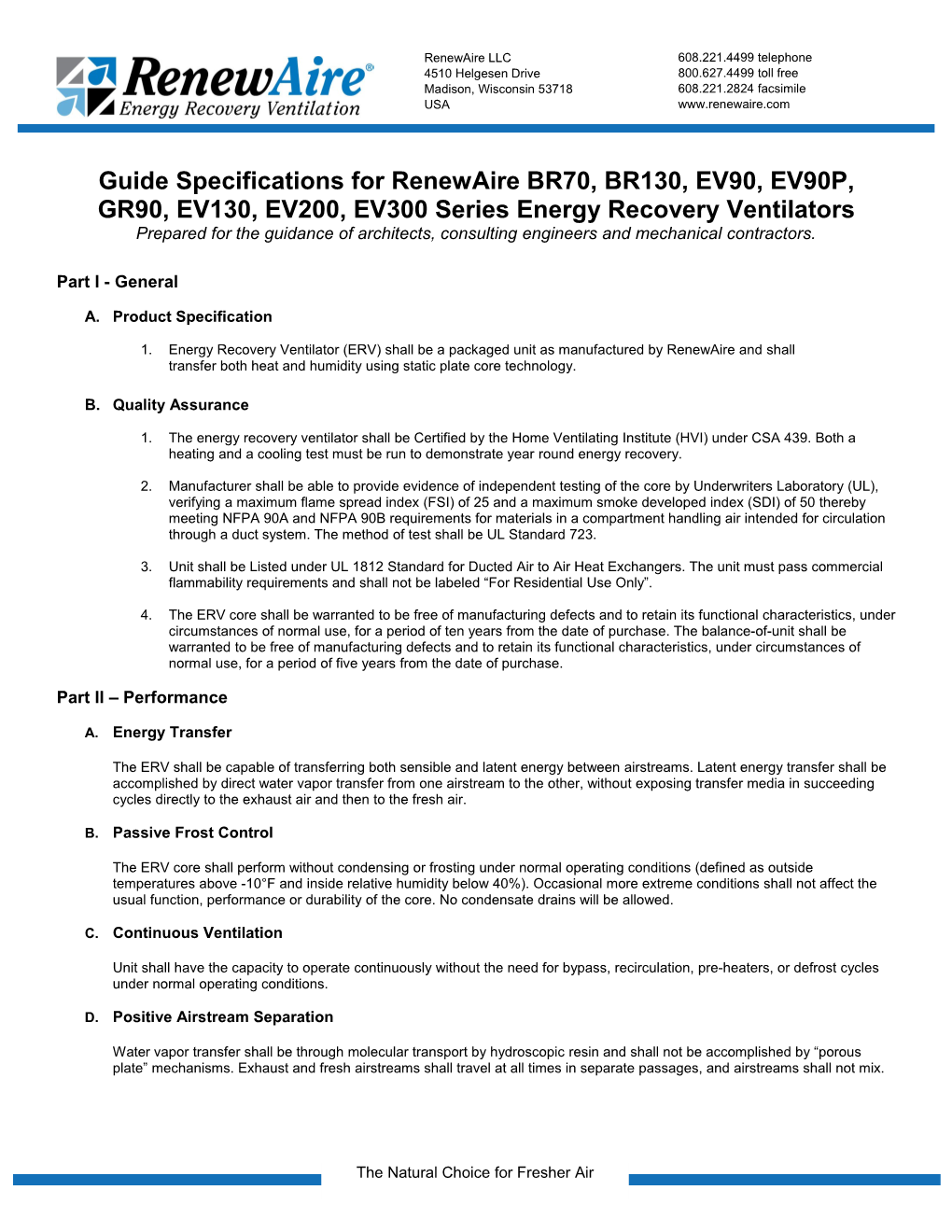 Guide Specifications for Renewaire BR70, BR130, EV90, EV90P