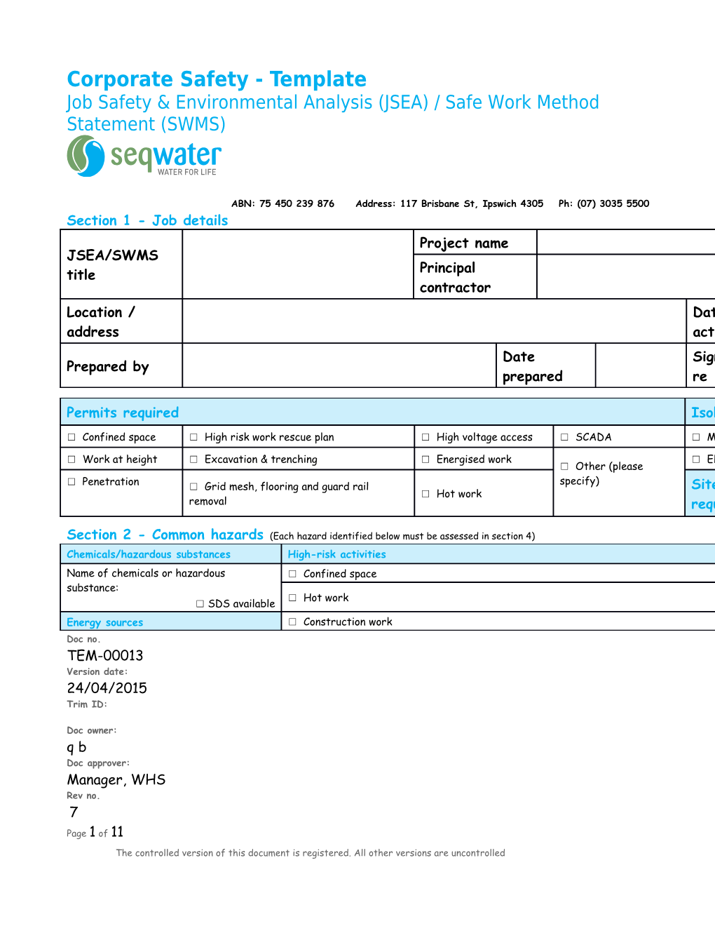 Corporate Safety - Job Safety and Environment Analysis (JSEA) Safe Work Method Statement