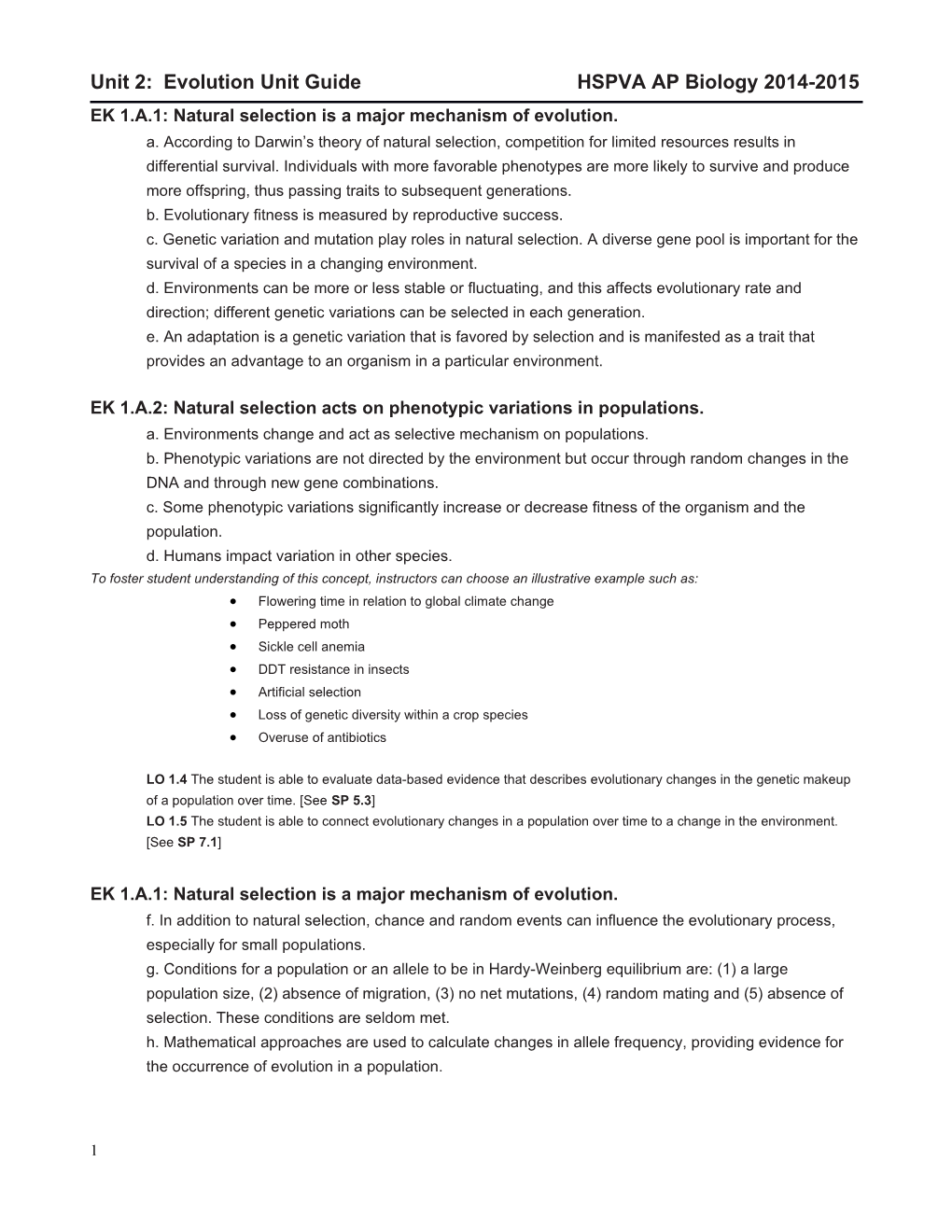 Unit 2: Evolution Unit Guide HSPVA AP Biology 2014-2015