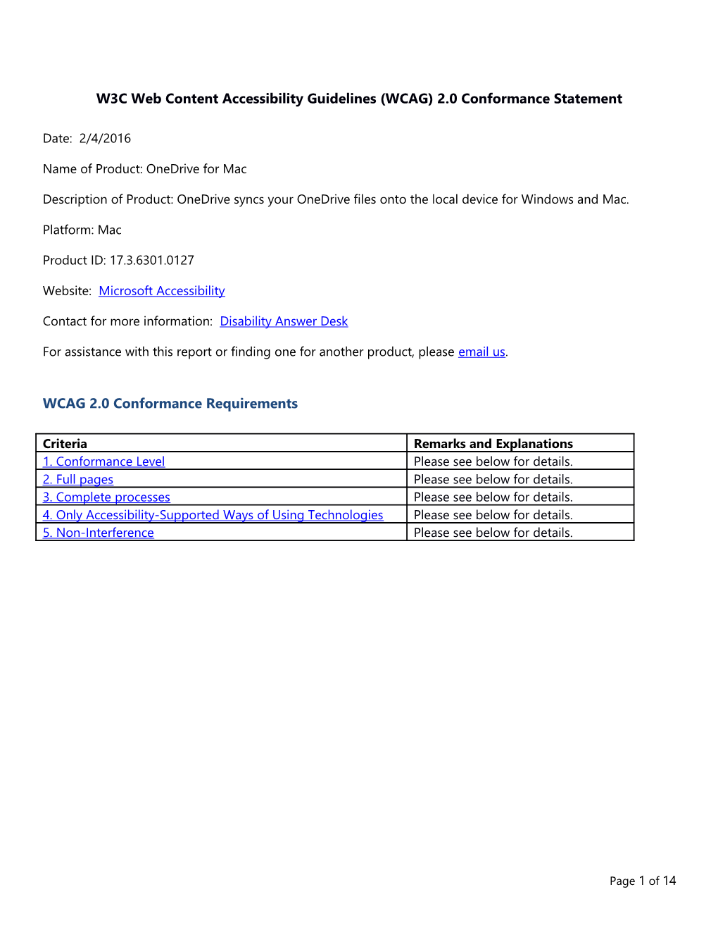 W3C Web Content Accessibility Guidelines (WCAG) 2.0Conformance Statement