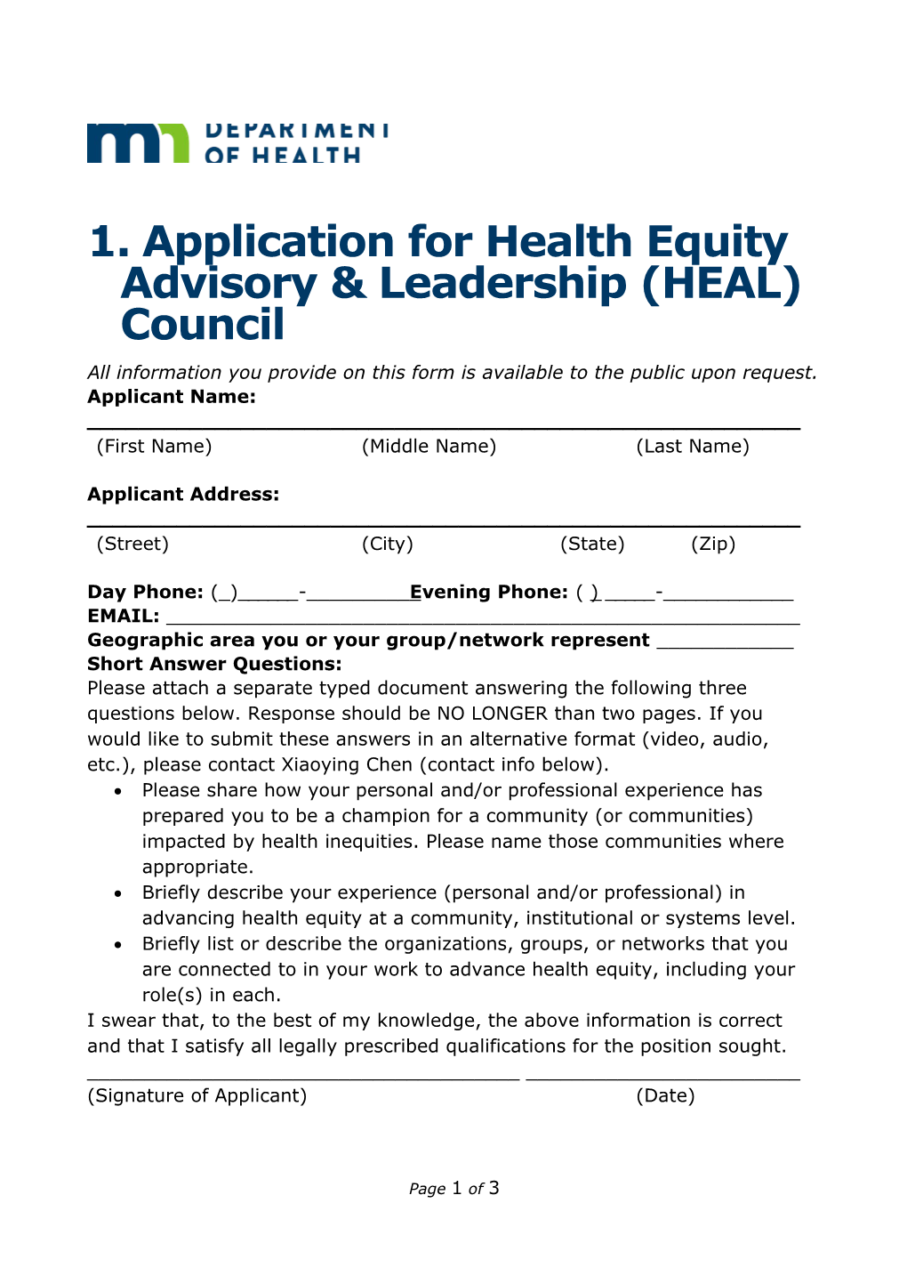 Application for Health Equity Advisory & Leadership (HEAL) Council