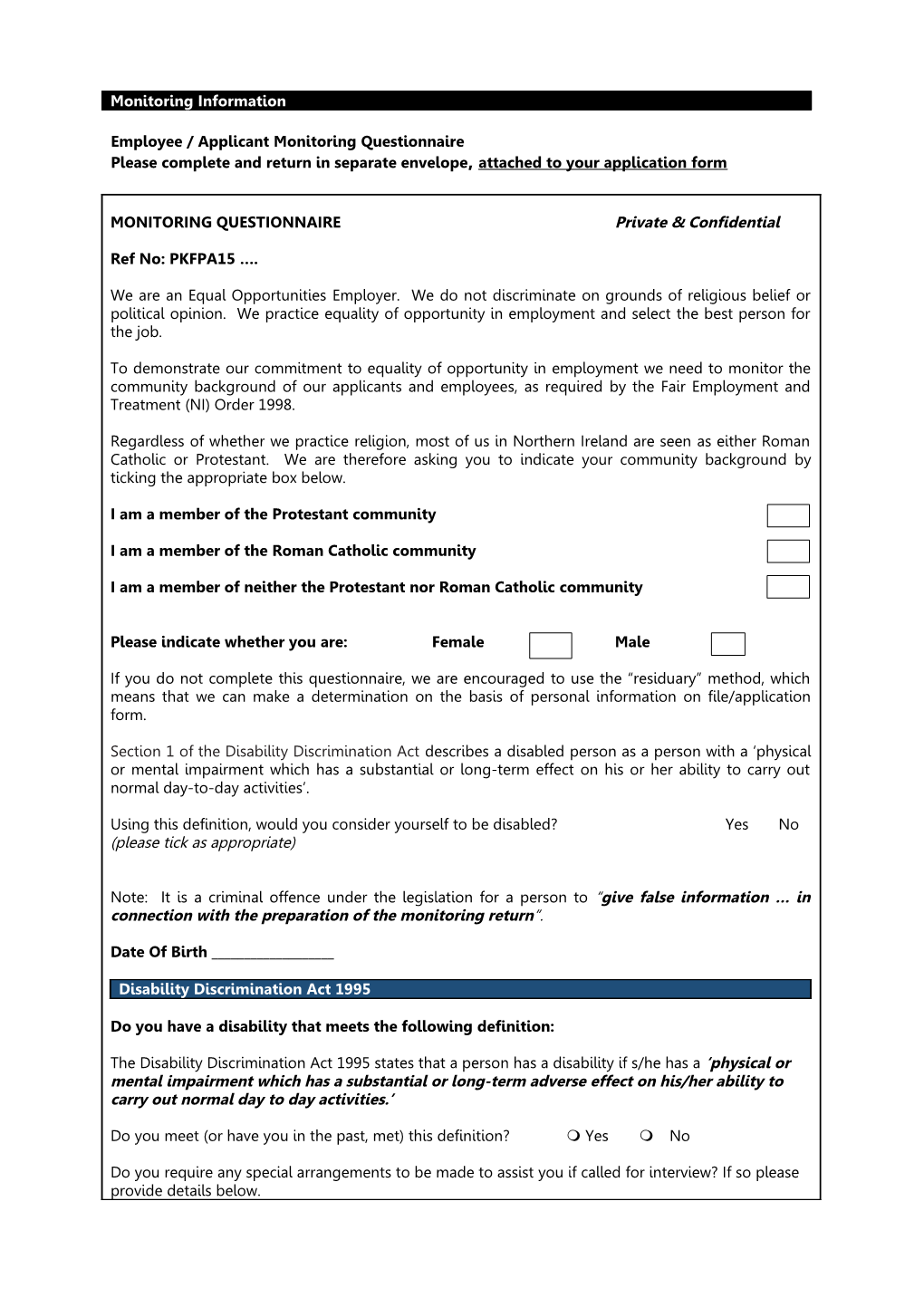 Employee / Applicant Monitoring Questionnaire