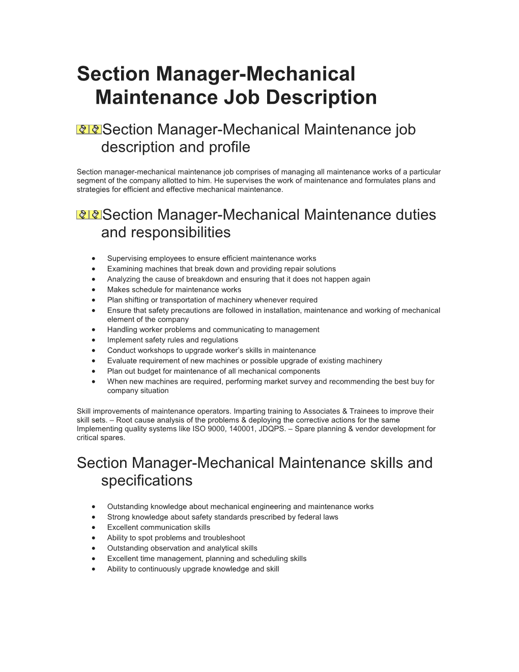 Section Manager-Mechanical Maintenance Job Description
