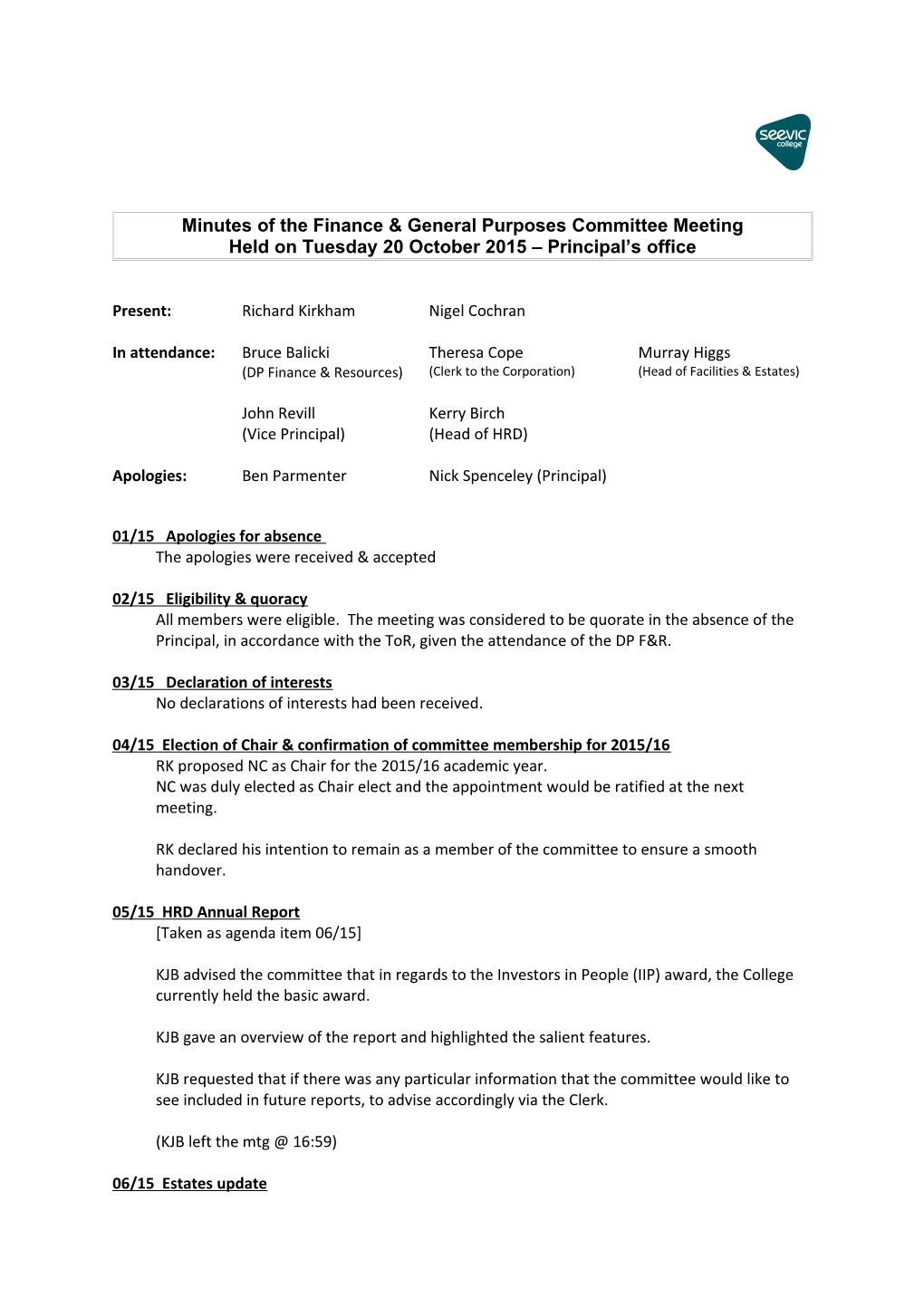 Minutes of the Finance & General Purposes Committee Meeting