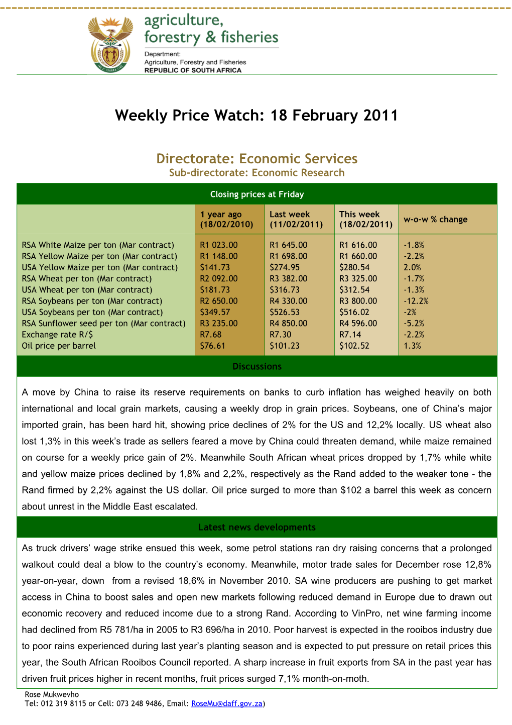 Weekly Price Watch: 25 June 2010