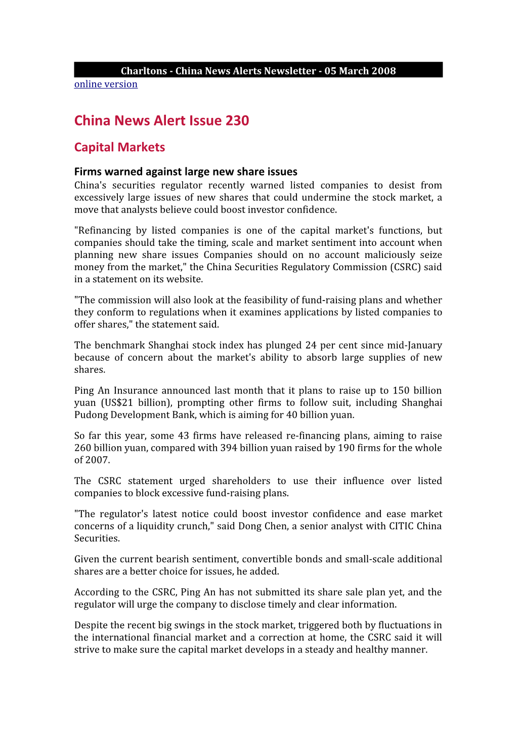 Charltons - China News Alerts Newsletter - 05 March 2008