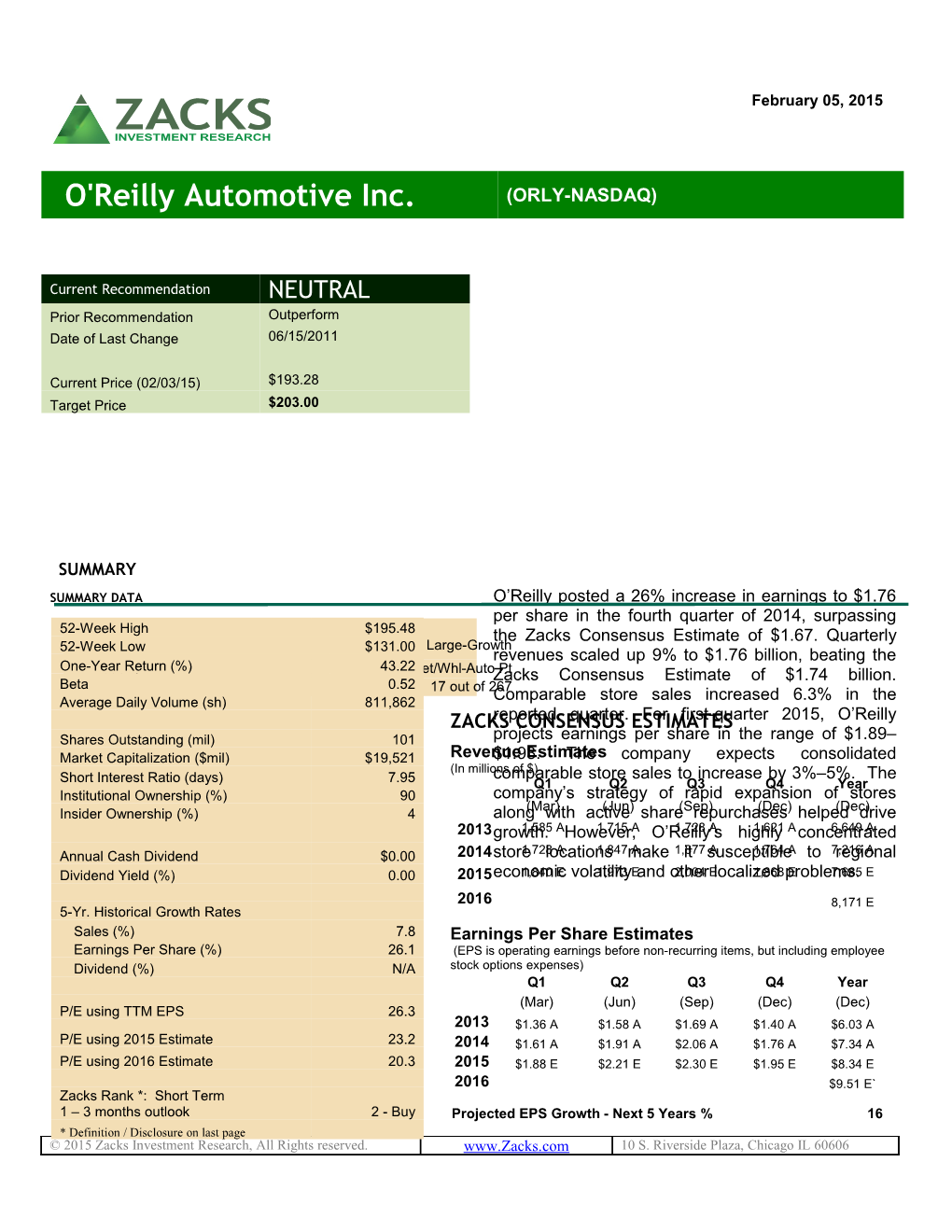 Equity Research / ORLY Page 4 O'reilly Automotive Inc. / (ORLY-NASDAQ) / Equity Research