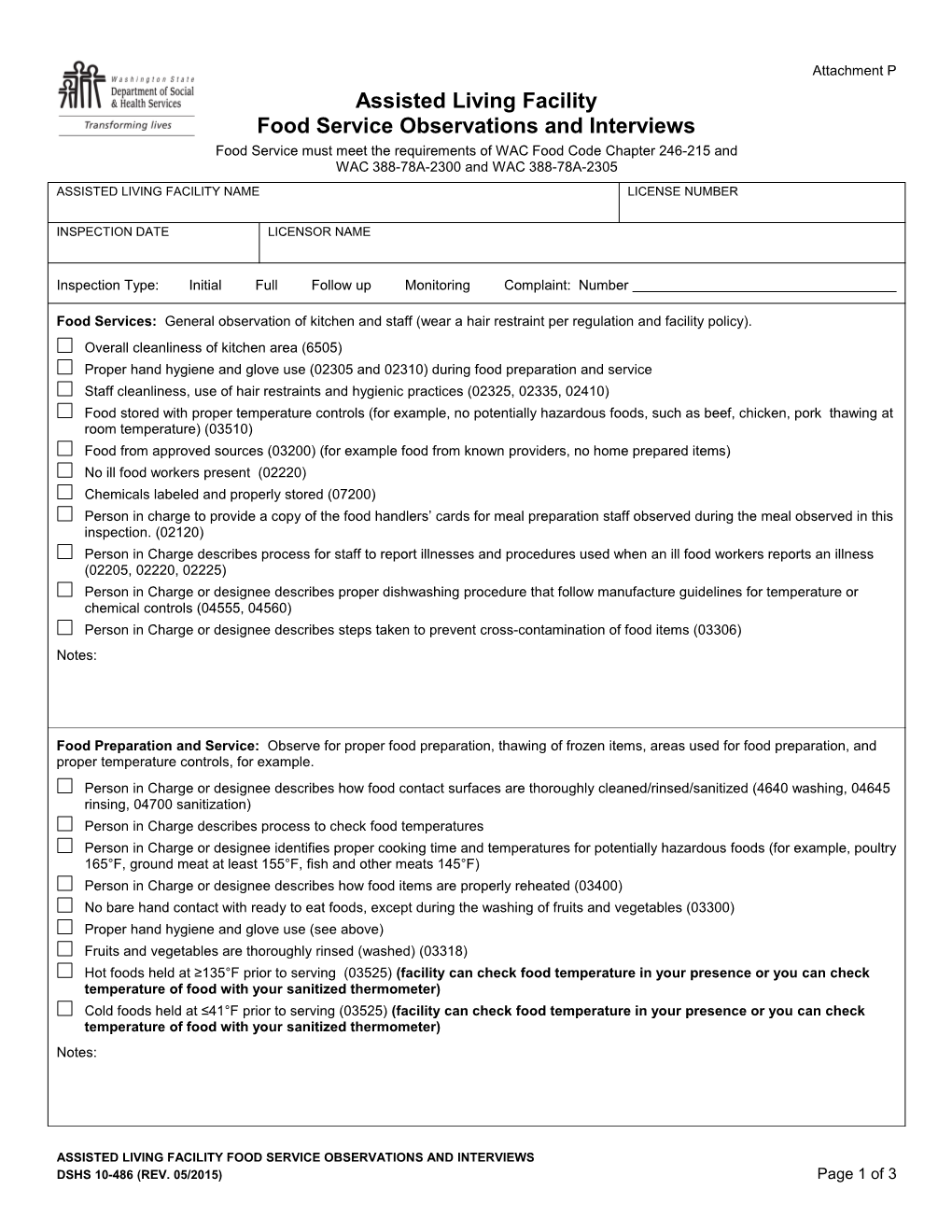 Assisted Living Facility Food Service Observations and Interviews