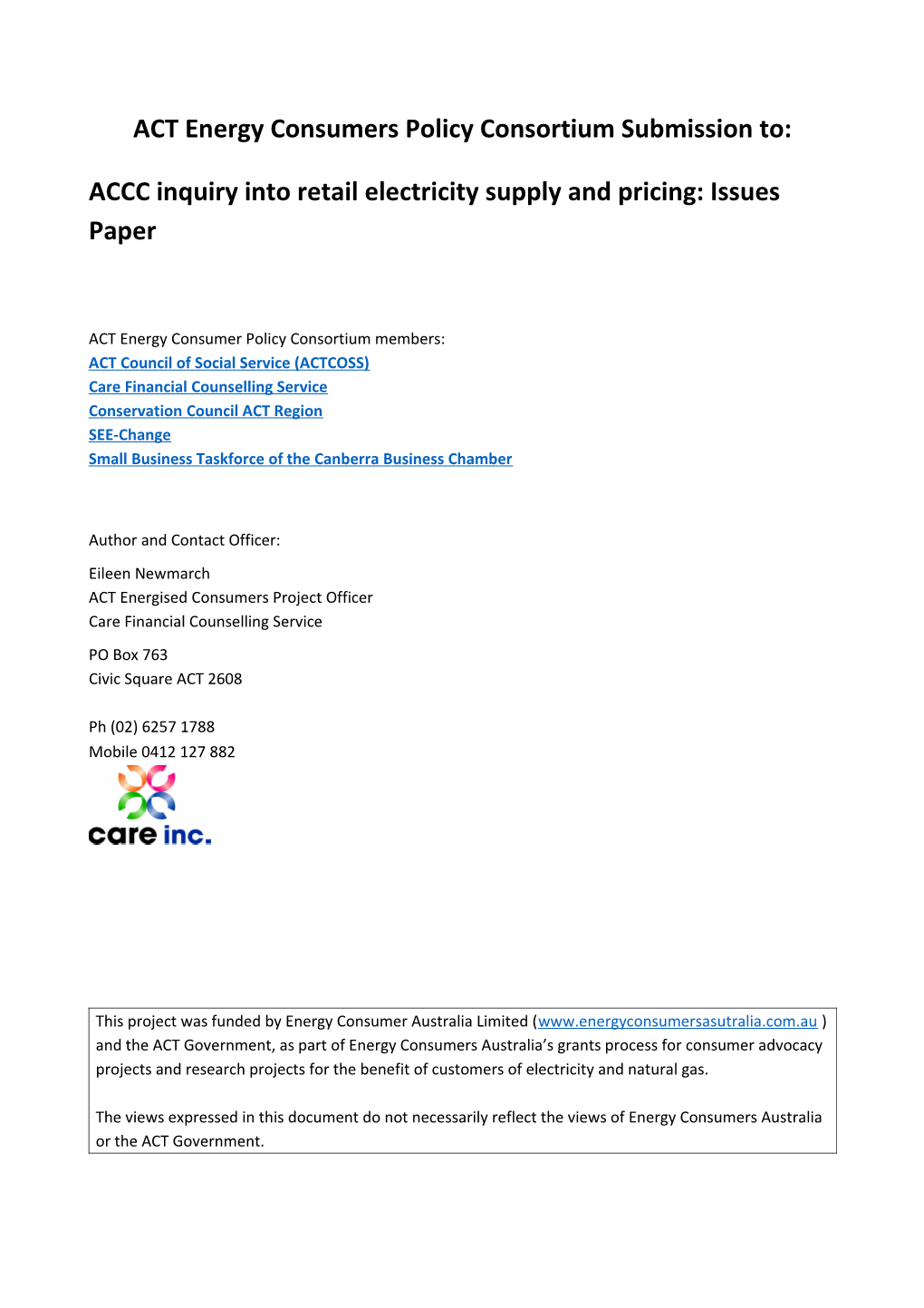 ACCC Inquiry Into Retail Electricity Supply and Pricing: Issues Paper