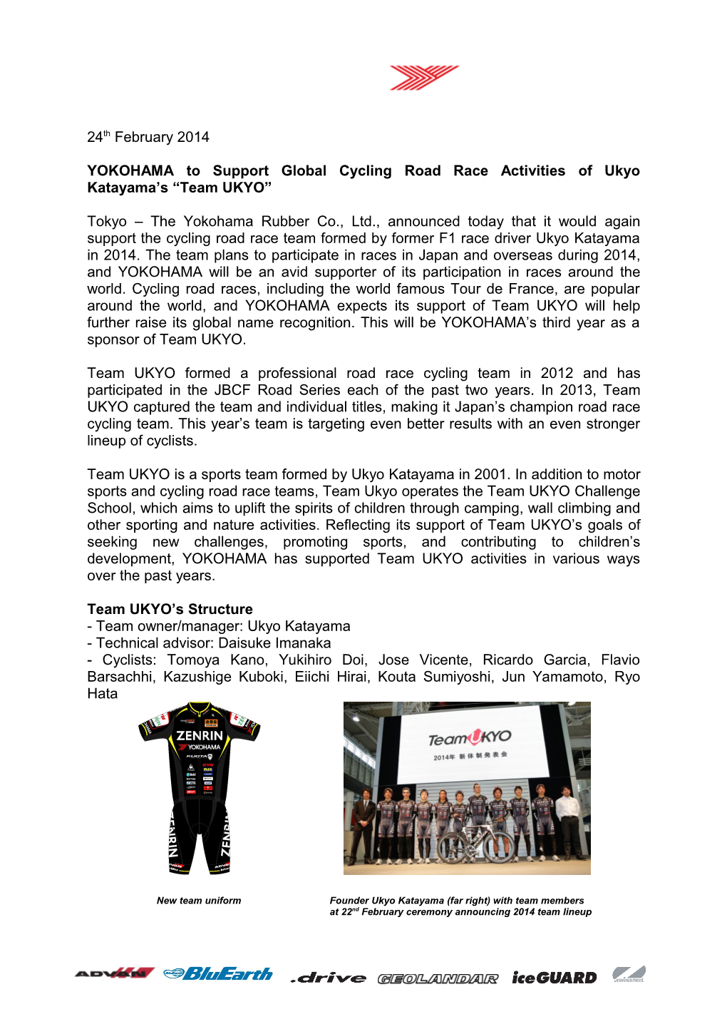 YOKOHAMA to Support Global Cycling Road Raceactivities of Ukyo Katayama S Team UKYO