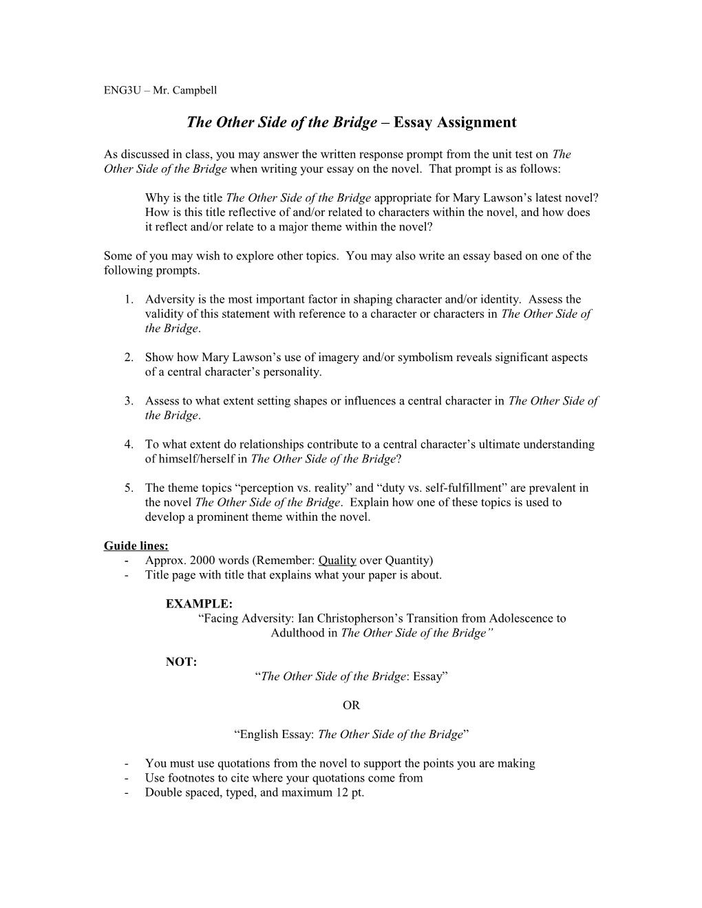 The Other Side of the Bridge Essay Assignment