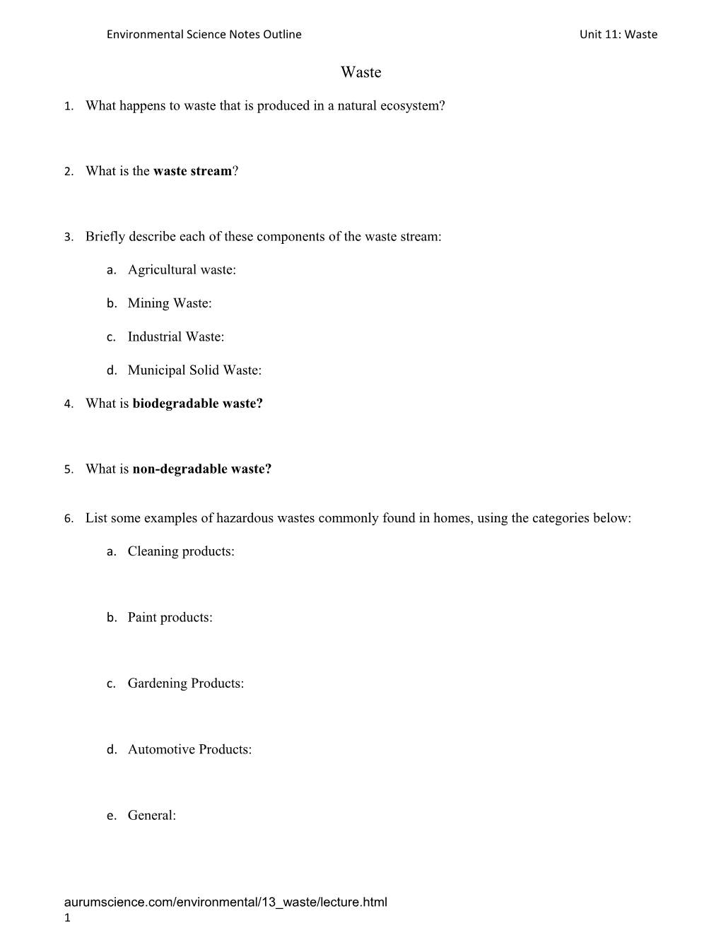 Environmental Science Notes Outlineunit 11: Waste