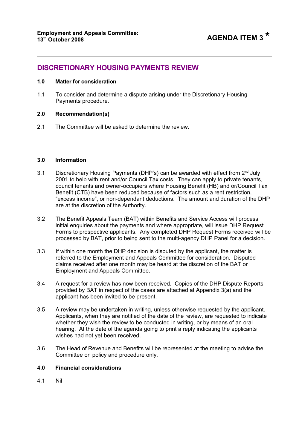 Discretionary Housing Payments Review