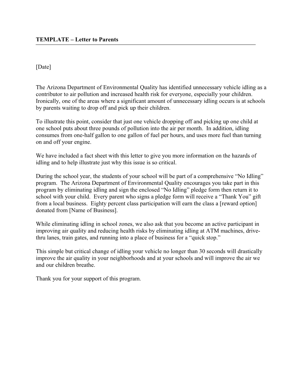 TEMPLATE Letter to Parents