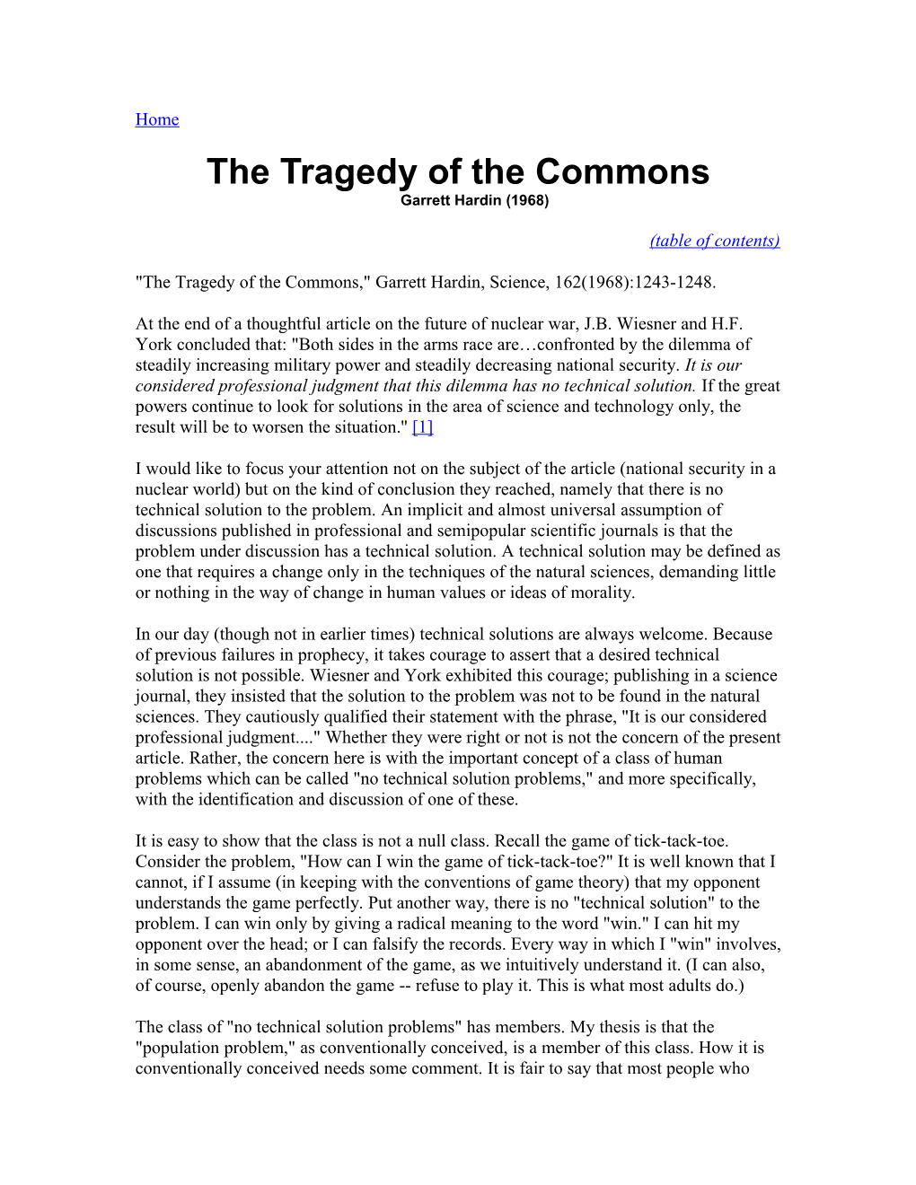 The Tragedy of the Commonsgarrett Hardin (1968)