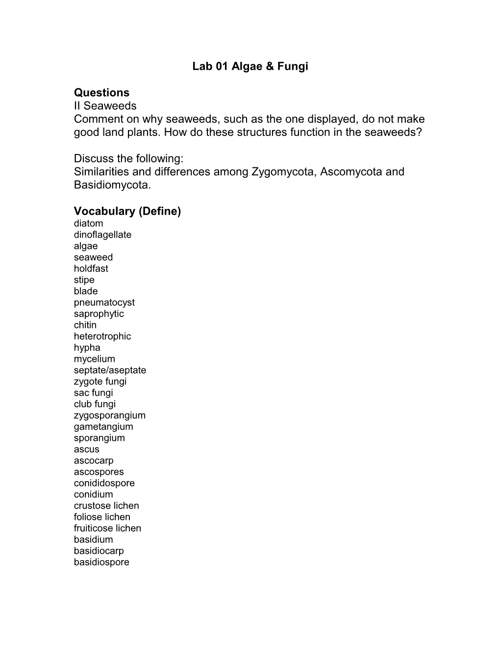 Lab 01 Algae & Fungi
