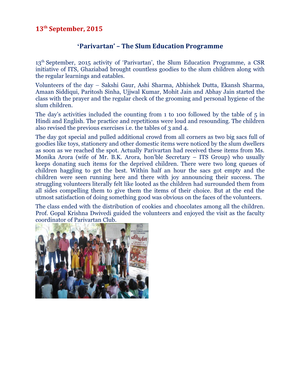 Parivartan the Slum Education Programme