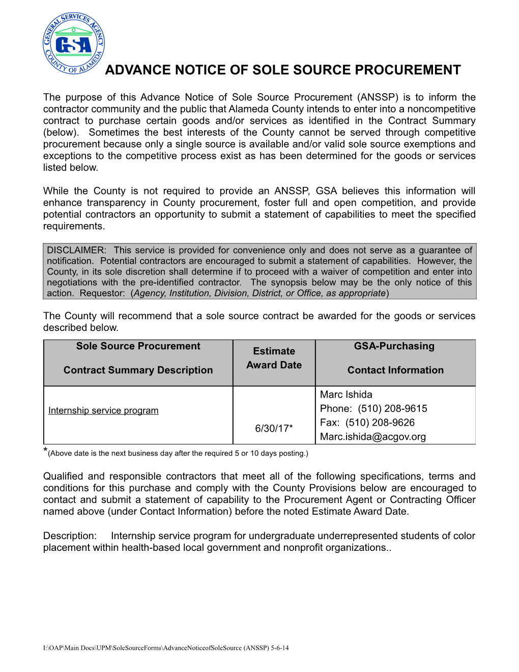 Advance Notice of Sole Source Procurement s4