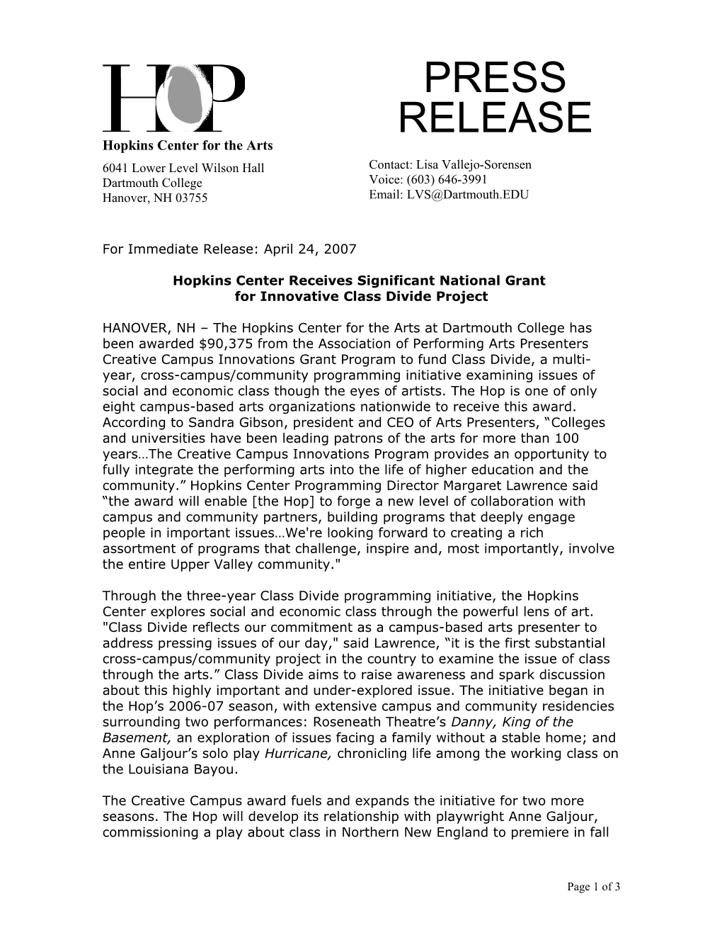 For Immediate Release: March 21, 2007