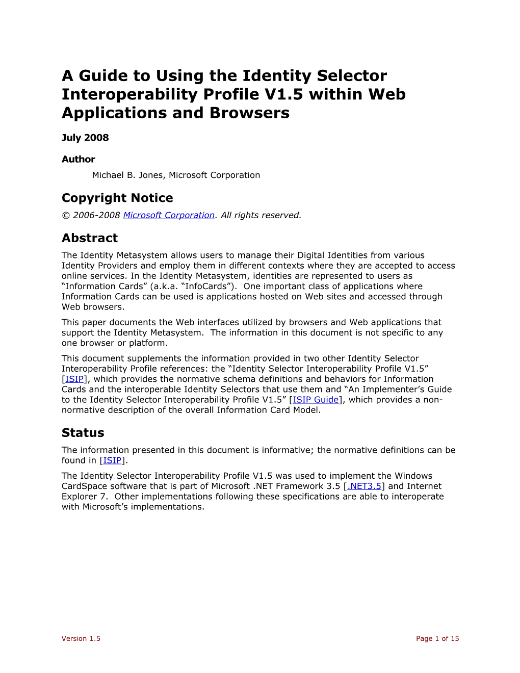 A Guide to Using the Identity Selector Interoperability Profile Within Web Applications