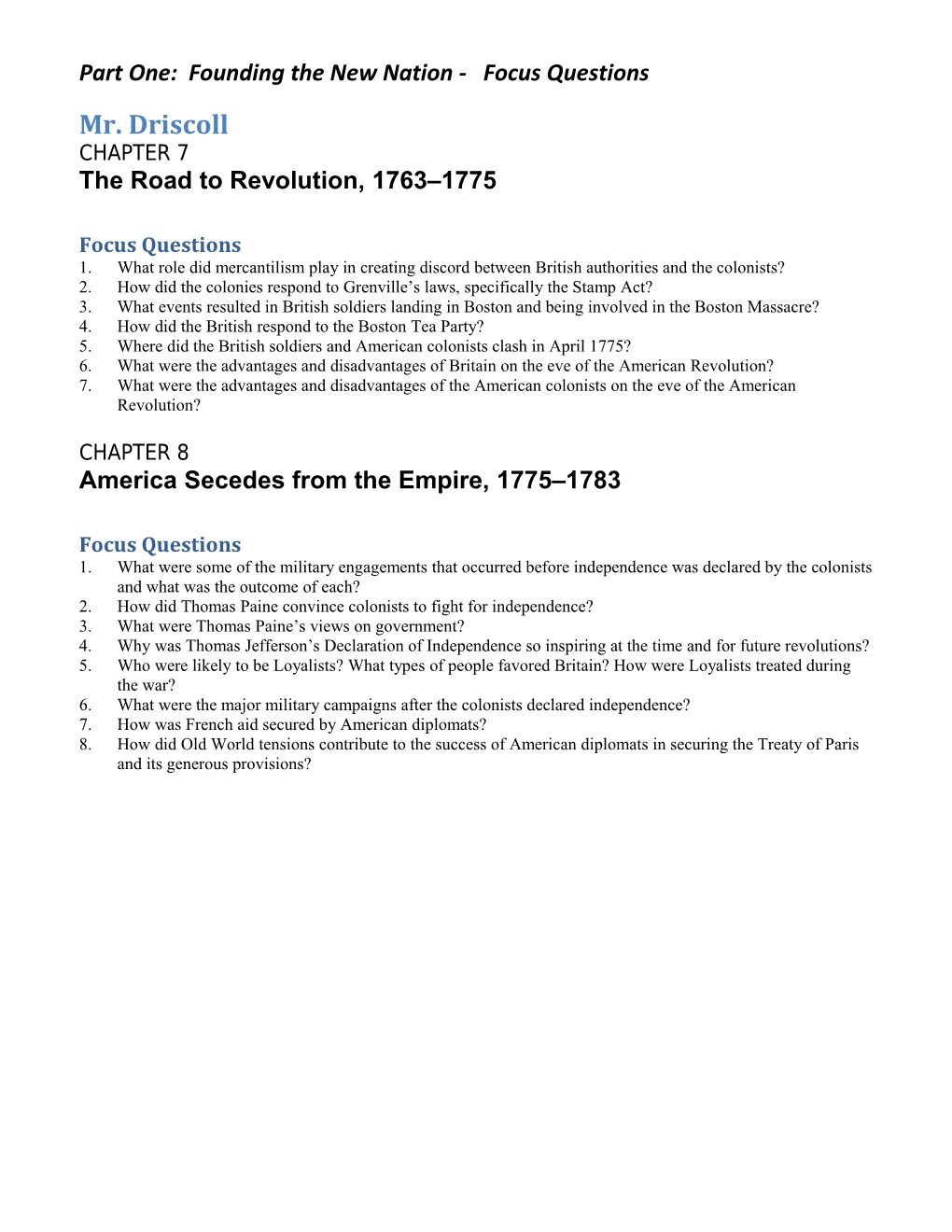 Part One: Founding the New Nation - Focus Questions